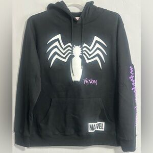 Marvel Men’s Black Venom Crewneck Hoodie with White Spider Graphic